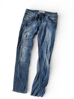 【ラインストーン付き】スリムフィットデニムパンツ ダークブルー 刺繍 デニム