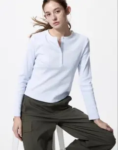 リブヘンリーネックT/長袖　UNIQLO ライトブルー　S ユニクロ
