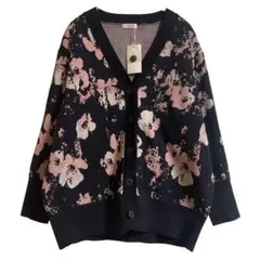 ローリーズファーム　フラワー　ジャガード　カーディガン　花柄　ネイビー　ロング