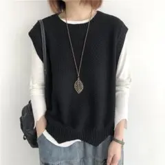 ブラック ニットベスト 春 ゆったり 重ね着 体型カバー カジュアル きれいめ