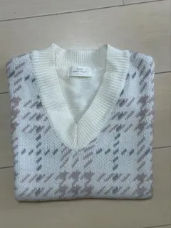 アイボリー チェック柄 ニットベスト
