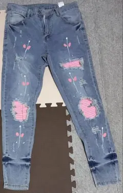 M〈ダメージデニムパンツ パッチワーク ペイント 色落ち 亀梨和也 