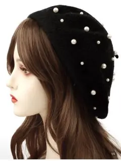 100％ ニット フェイクパール デコレーション ベレー帽