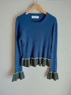 Ray BEAMS リブバイカラーフリルプルオーバー　ネイビー×グリーン　ニット