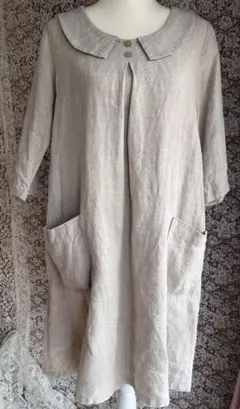 ハンドメイド＊生成りリネン風チュニック（ワンピ風）＊重ね着OK＊M〜L