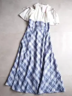 未使用mily bilet肩開きプリーツブラウスドッキングチェックワンピース