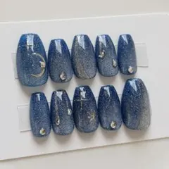 N153 マグネットネイルチップ 星空 ラメ ニュアンス グラデーション ブルー