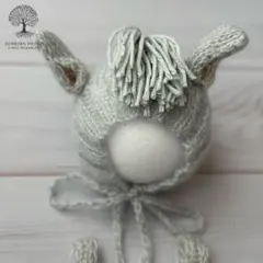 ニューボーンフォト　衣装　帽子　被り物　馬　うま　ウマ　午　くすみ水色　グレー