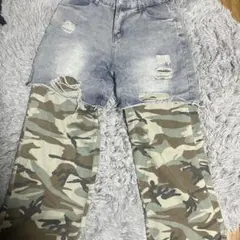 デニム迷彩リメイクパンツ　ストリート