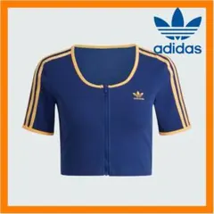 adidas 半袖 クロップド トップス ネイビー オレンジスリーストライプス