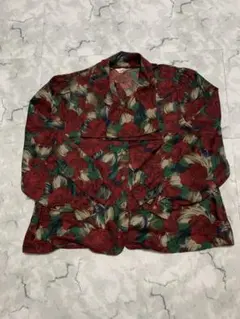 花柄ブラウス　総柄 シャツ 長袖 グリーン 赤 ヴィンテージ風 y2k