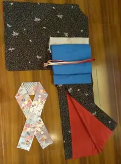 洗える着物 黒 袷 博多名古屋帯 帯締 2本 帯揚 半襟 ♥️6点セット