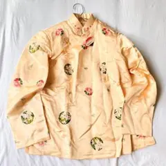 ✨未使用タグ付✨【紅霞】チャイナ服 サイドボタン 花柄刺繍 シルク混 光沢 36