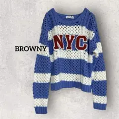 【新品タグ付】BROWNY NYCワッペン メッシュニット セーター F ブルーのサムネイル