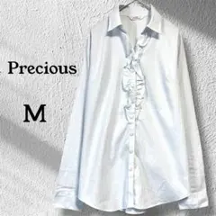 Precious 水色 フリル 長袖シャツ M ストライプ レディース ブラウス