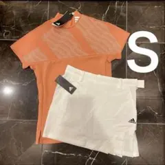 新品✨アディダスゴルフ　上下　半袖モックネックシャツ　スカート　オレンジ　白　S