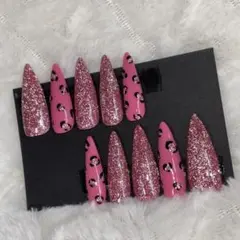 ネイルチップ ピンク ラメ グリッター ヒョウ柄 シンプル ギャル キラキラ