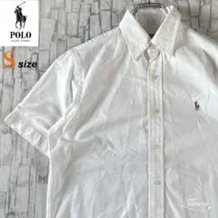 90s ラルフローレン 半袖BDシャツ ワンポイント刺繍ロゴ ホワイト S