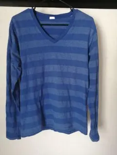 GU 青ストライプ Vネック長袖シャツ S