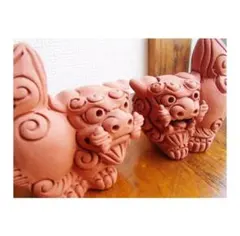 沖縄シーサー素焼き、オスメスペア2点セット陶器置物