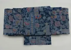 カルタ結びの作り帯　紬　浴衣帯　一部式　紺　リメイク　ハンドメイド