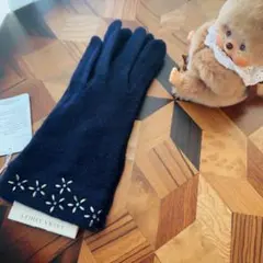新品　ローラアシュレイ ビジュー装飾 ウール手袋 ネイビー