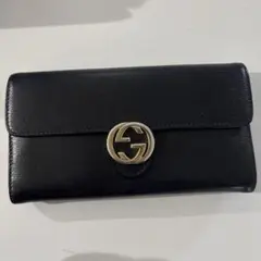 グッチ(Gucci) 長財布 インターロッキングG レザー ブラック レディース