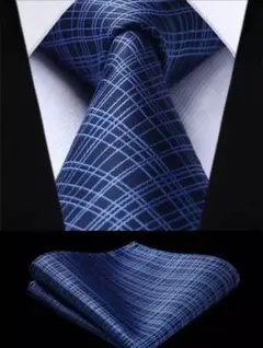 【2点セット】柄ネクタイセット ネクタイ ポケットチーフ ネイビー ライン