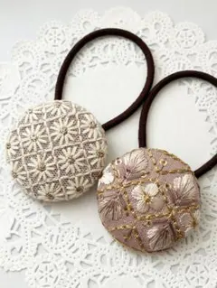 【No.255】インド刺繍 くるみボタン38㎜ ヘアゴム 2個セット