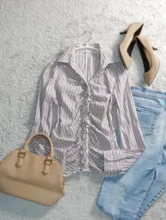 ナラカミーチェ ストライプ スキッパー フリル シャツ ブラウス 1 Ⅰ