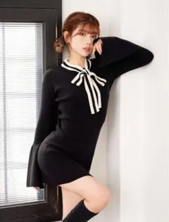ダーリッチ ボウタイニットミニワンピース ブラック