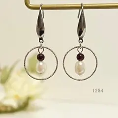 淡水パール＆ガーネット＆リング　ピアス　真珠　天然石　オフィスカジュアル