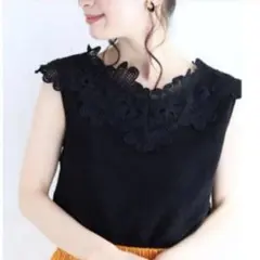 cawaii FRENCHPAVE 黒 花レースニットタンクトップ　ブラック　M