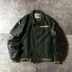 【雰囲気抜群・90s】レザー袖バーシティジャケット スタジャン深緑×黒ワッペンL