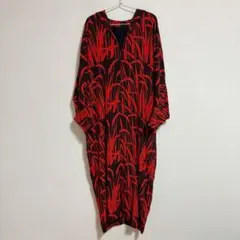 着物リメイク　一点物　ロングワンピース　長袖　裏地付き　総柄　ベルト付き