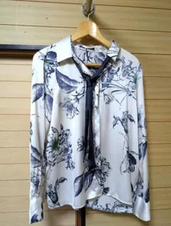 ZARA リボン付きプリント柄シャツ L ZARA花柄リボン付き長袖シャツ