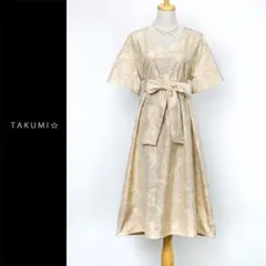 着物リメイク 大島紬 袖フレアー ギャザーワンピース ベージュ 花柄 L