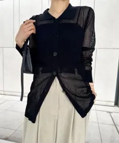 【新品タグ付】select MOCA 襟付きメッシュリネンカーディガン ブラック