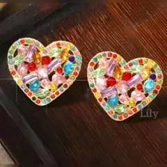 ✨ ハート ラインストーン カラフル ピアス 大きめ ゴールド