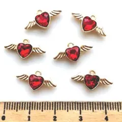 5セット⭐A級ストーン羽ハート(レッド).:*6個♡ゴールドチャーム