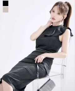 ウエストチェーンフリルショルダーラメミディアムドレス/キャバドレス