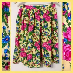 昭和レトロ古着★鮮やか大花柄膝丈フレアースカート