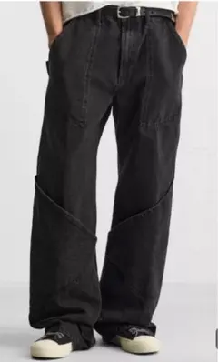 ZARA ザラ リラックスフィット ポケット パンツ デニム　ブラック