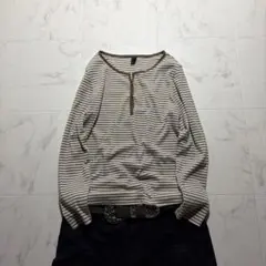 Y2K Striped Henley Neck L/S Tee Grungeのサムネイル