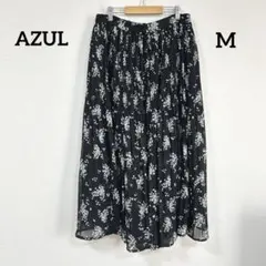 AZUL 黒白 小花柄プリーツロングスカート ウエストゴム