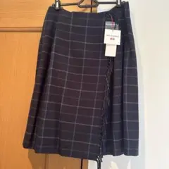 ユニクロ チェック ひざ丈フリンジ付き巻きスカート 新品