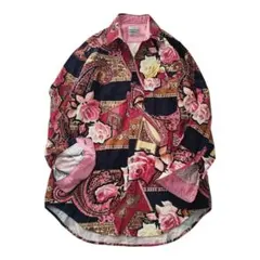 フローラル×ペイズリー コーデュロイシャツ ブラックベース イタリア製