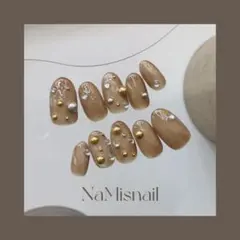 現品即購入OK＊マグネットネイル ブラウン×パーツ シンプル ニュアンスネイル