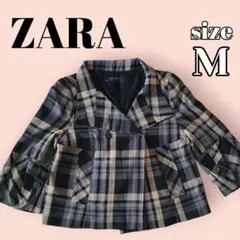 ZARA BASIC 上品チェック柄ショート丈ジャケット ベルスリーブ M