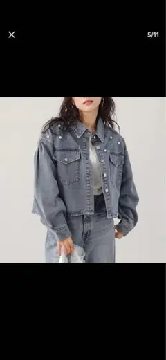 デニムジャケット ライトアウター ウォッシュ加工 パール クロップド丈